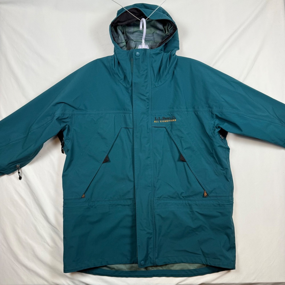 LL Bean All Conditions Gore-Tex Jacket Mens Large Teal Green Hooded Rain Parka